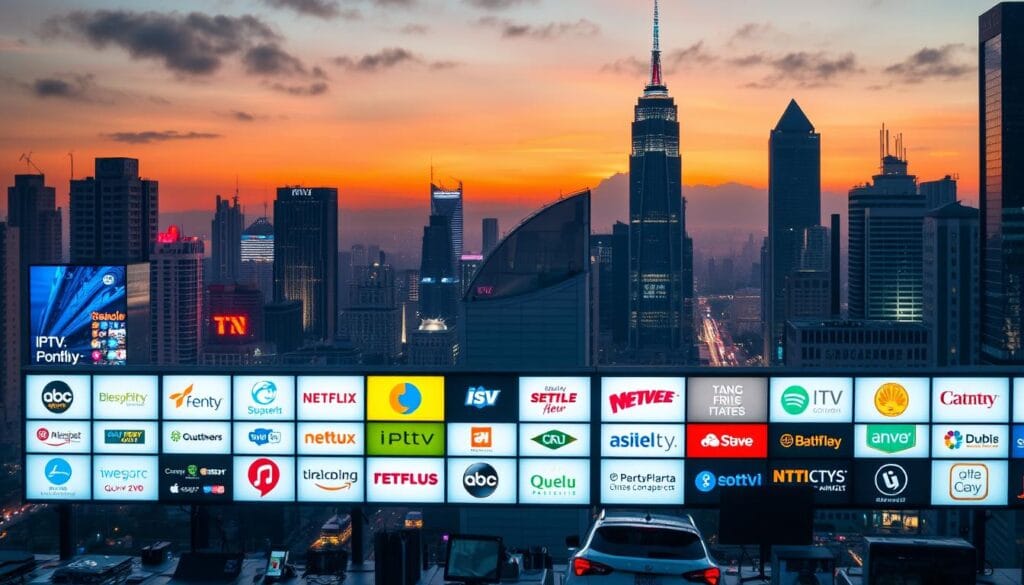 A bustling cityscape at dusk, with high-rise buildings illuminated by neon signs. In the foreground, a grid of glowing screens displays various IPTV service logos, each with distinct branding and color schemes. The middle ground features a diverse array of digital devices, from smartphones to smart TVs, all connected to the IPTV ecosystem. The background is a hazy, atmospheric blend of warm and cool tones, creating a sense of technological connectivity and the ever-evolving landscape of modern media consumption.