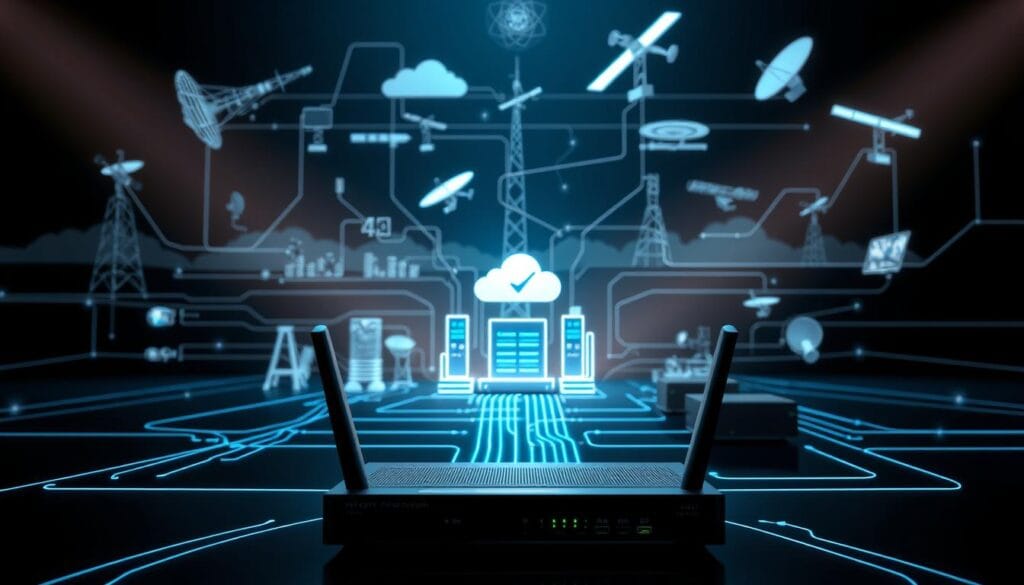 A complex, interconnected diagram depicting the core infrastructure of an IPTV system. In the foreground, a sleek router and modem transmit digital signals. In the middle ground, servers and cloud platforms process and distribute video content. In the background, a network of broadcast towers, satellite dishes, and fiber optic cables transport data across vast distances. The scene is illuminated by a cool, technical lighting that accentuates the angular, streamlined design of the equipment. The overall atmosphere conveys the power and sophistication of the underlying IPTV technology.