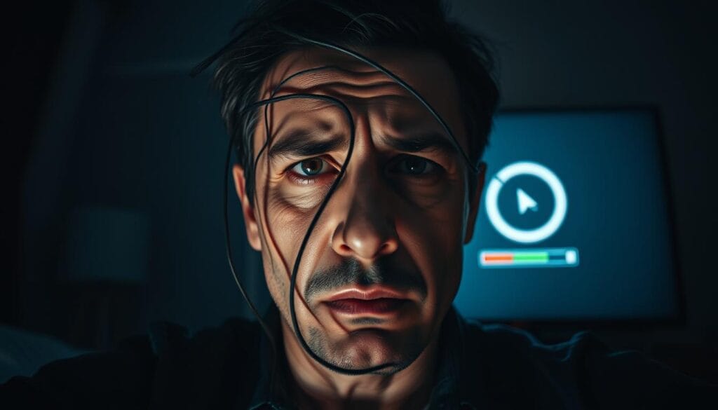 A dimly lit room, the glow of a TV screen casting shadows on a frustrated user's face. Tangled wires, a lagging cursor, and a spinning loading icon symbolize the common IPTV streaming issues. The scene is captured with a cinematic wide-angle lens, creating a sense of tension and discomfort. The lighting is soft and moody, creating dramatic chiaroscuro effects. The user's expression conveys a mixture of exasperation and resignation, as they grapple with the technical difficulties hindering their IPTV experience.