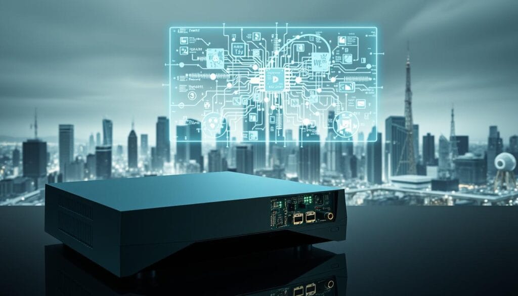 A high-tech display showcasing the intricate inner workings of IPTV technology. In the foreground, a sleek and modern IPTV receiver unit with sharp angles and a minimalist design. Detailed circuit boards, processors, and connectors are visible, illuminated by a soft, diffused lighting that creates a sense of depth and complexity. In the middle ground, a holographic projection displays a complex network of data streams, servers, and devices, illustrating the interconnected nature of IPTV infrastructure. The background is a muted, futuristic cityscape, with skyscrapers and communication towers, hinting at the vast digital landscape that enables IPTV to function. The overall scene conveys a sense of advanced, cutting-edge technology that powers the delivery of television content over the internet.