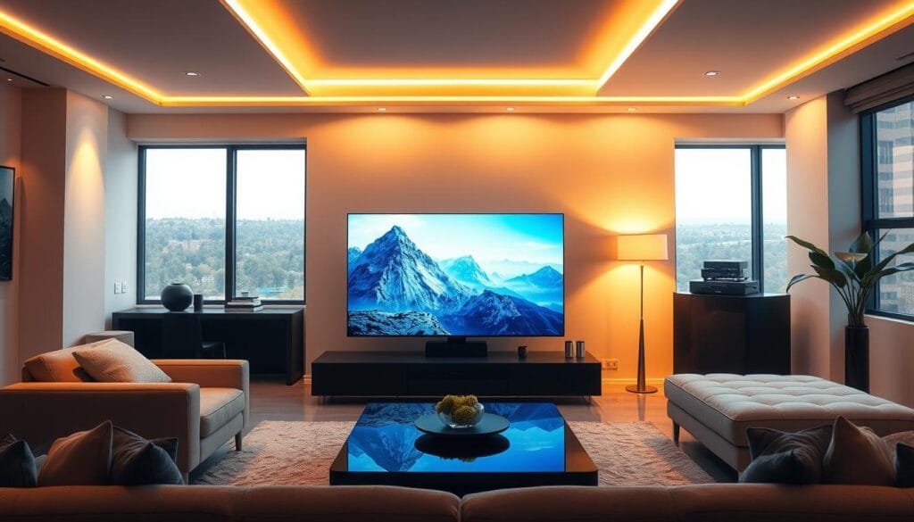 A high-tech living room with a sleek, modern smart TV as the centerpiece. The TV screen displays vivid, crisp visuals, showcasing the seamless IPTV streaming experience. The TV is surrounded by minimalist furniture in neutral tones, creating a clean, sophisticated atmosphere. Warm, directional lighting illuminates the scene, casting a cozy glow and highlighting the TV's advanced features. The room's large windows allow natural light to pour in, blending harmoniously with the artificial lighting. The overall scene conveys a sense of technological elegance and the effortless integration of IPTV streaming into a contemporary home environment.
