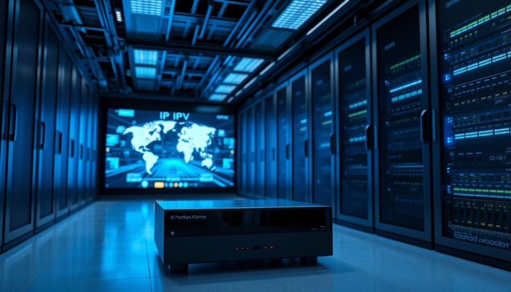 A modern data center server room, filled with rows of sleek black IPTV hardware racks. The room is bathed in a cool, bluish LED lighting, casting a futuristic glow. In the foreground, a state-of-the-art IPTV set-top box stands prominently, its clean lines and glowing indicators hinting at the advanced streaming capabilities within. The middle ground showcases an array of network switches, routers, and media converters, all interconnected via high-speed fiber optic cables. In the background, a large display screen shows a visualization of IPTV service delivery, with data packets streaming across a global network. The overall scene conveys the cutting-edge technology powering the next generation of television viewing.